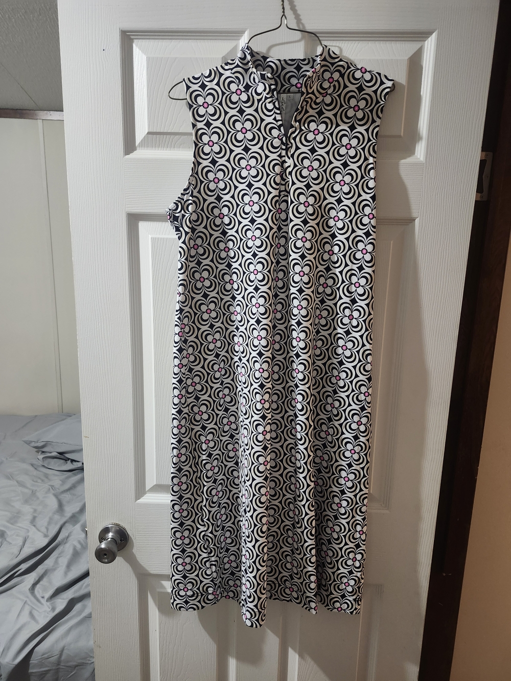Sleeveless Midi Dress with Black & White Floral Geometric Print and Pink Accents
